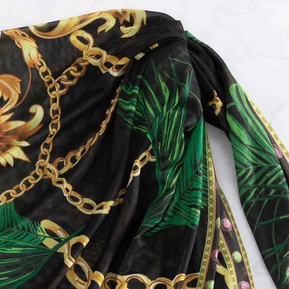 Multicolor Preppy Womens Chain Print Push Up One Piece Swimsuit With Beach Skirt - Picture 4 of 5